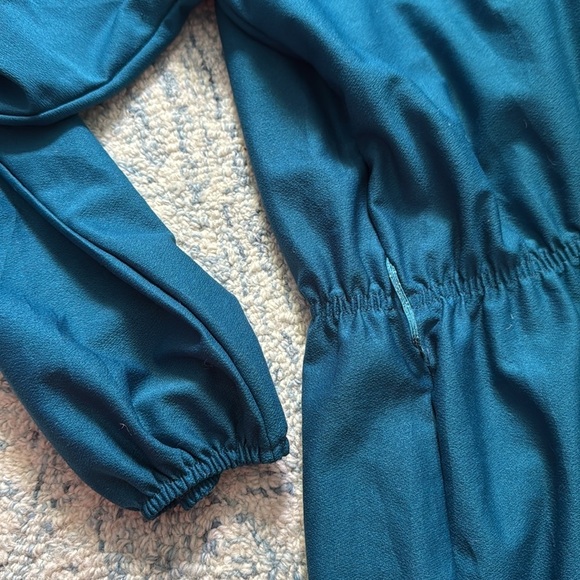 Vintage teal long sleeve elastic waist side button dress large - Picture 7 of 7